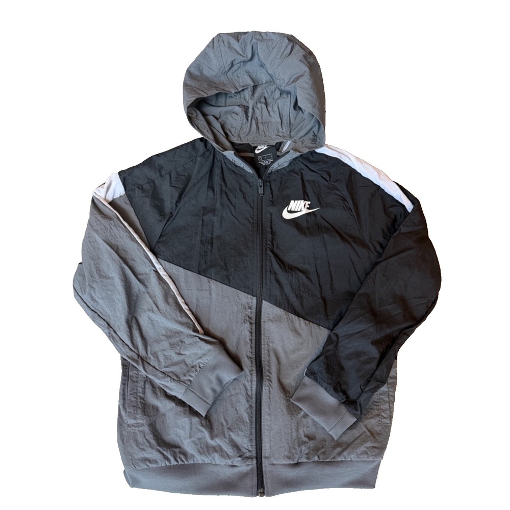 Nike Big Boys Track Rain Windbreaker Jacket Hood Black & Gray Size Large